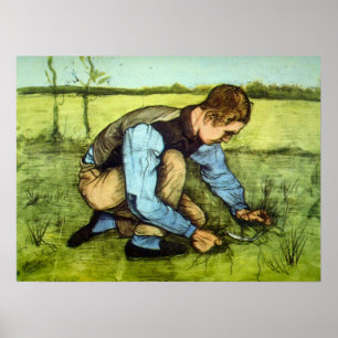 Junge schneidet Gras mit Sichel von Vincent van Go Poster
