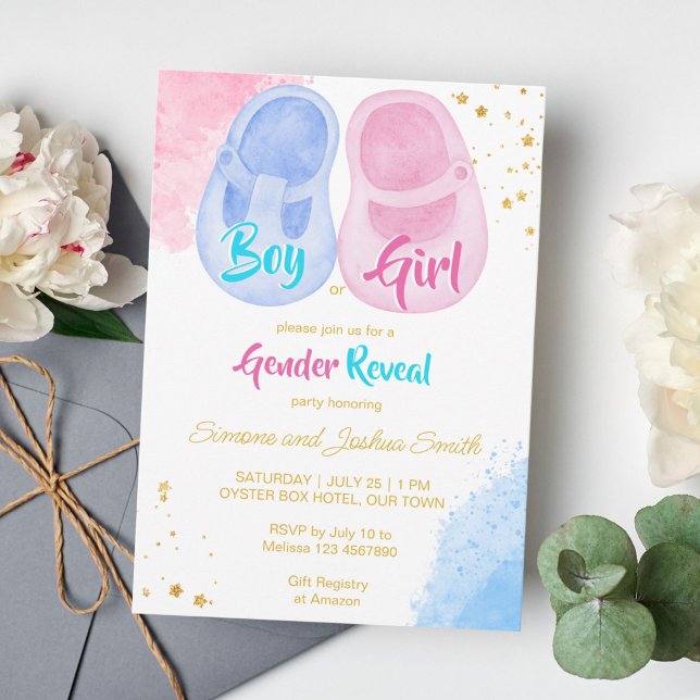 Junge Schuhe Junge oder Mädchen rosa blaues Geschl Einladung (Baby shoes pink and blue gender reveal template invitation instant download boy or girl he or she)