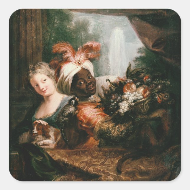 Junge Schwarze halten einen Korb Quadratischer Aufkleber (Vorderseite)