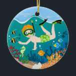 Junge Schwimmer Geburtstagsgeschenk Keramikornament<br><div class="desc">Dieses Design bietet einen niedlichen Jungen, der in Begleitung von Delphinen eine große Welle surft. Am Horizont befindet sich eine tropische Insel. Möwen verfolgen sie genau! Jeden Sommertag ist ein Party für Kinder am Strand. Das Meer ist der richtige Ort, um sich mit Freunden zu amüsieren und vielleicht auch ihren...</div>