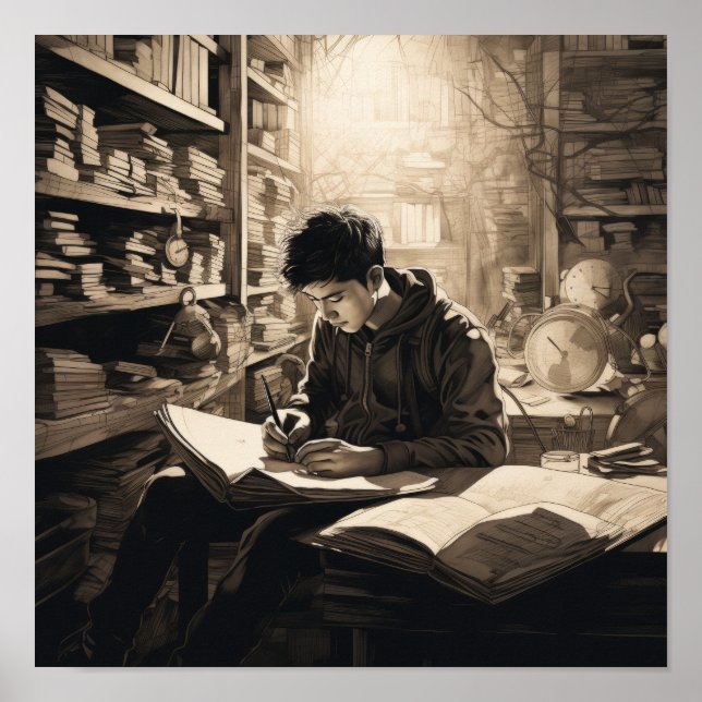 Junge Studentin in der Bibliothek eingetaucht: Ins Poster (Vorne)