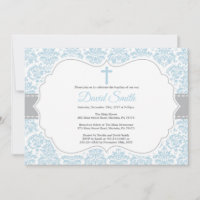 Junge Taufe Einladung Blau und Grau Damask