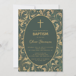 Junge Taufe Gold Distel Kreuz Grün Oval Elegant Einladung
