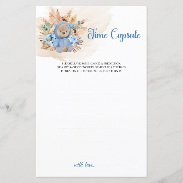 Junge Teddy Bär Pampas blauen Blumen Time Kapsel (Vorderseite)