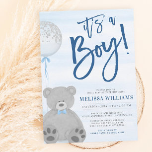 Junge Teddybär Blau Grauer Ballon Babyparty Einladung