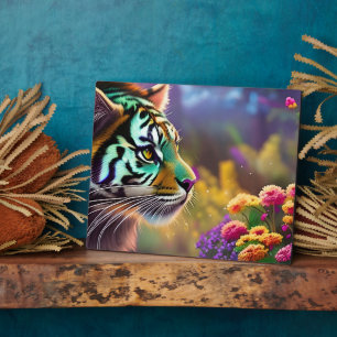 Junge Tiger und farbenfrohe Blume Fotoplatte