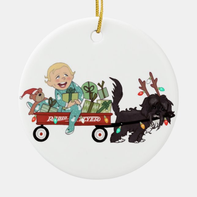 Junge u. seine Hundeweihnachtsverzierung - Keramikornament (Vorne)