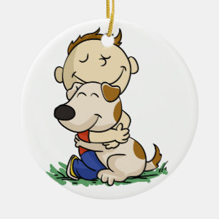 Junge umarmt liebevoll seinen Hund  Rückenfarbe Keramik Ornament