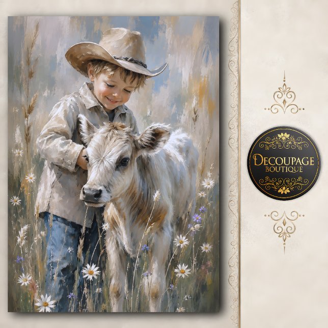 Junge und Babykalb-Decoupage Seidenpapier (Boy and Baby Calf Decoupage Tissue Paper)
