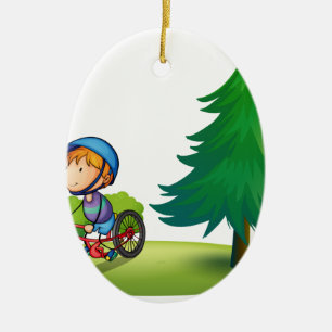 Junge und Fahrrad Keramik Ornament