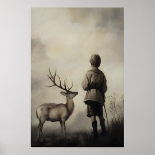 Junge und Hirsch Vintage-Kunstposter Trübe Landsch Poster