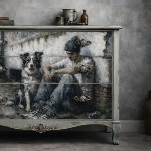 Junge und Hund Regnerische städtische Stille Décou Seidenpapier