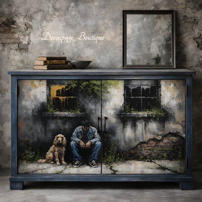 Junge und Hund Stille urbane Verfalls Trübsinnige  Seidenpapier (Boy and Dog Quiet Urban Decay Moody Decoupage Tissue Paper Mockup)