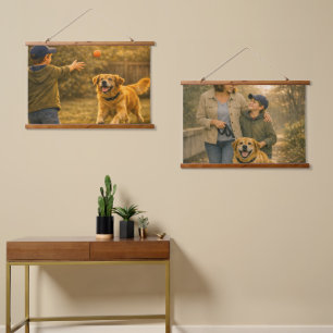Junge und Hund Tages Horizontale Wandteppich-Kunst Wandteppich Mit Holzrahmen