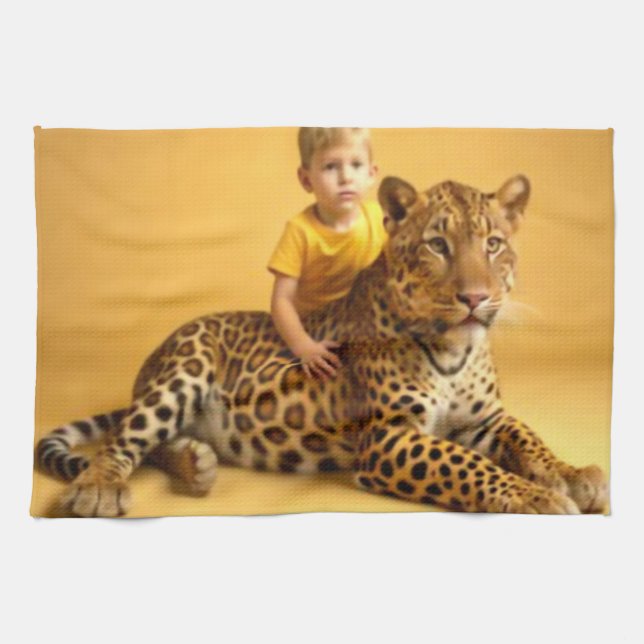 Junge und Jaguar Geschirrtuch (Horizontal)