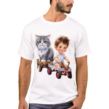 Junge und Katze oben auf dem T - Shirt