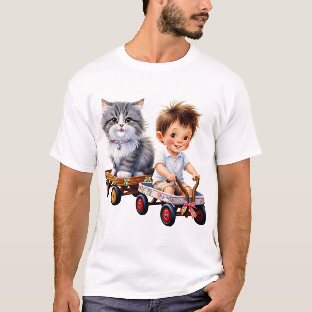 Junge und Katze oben auf dem T - Shirt (Vorderseite)