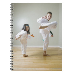 Junge und Mädchen (4-9) übendes Taekwondo tritt Notizblock