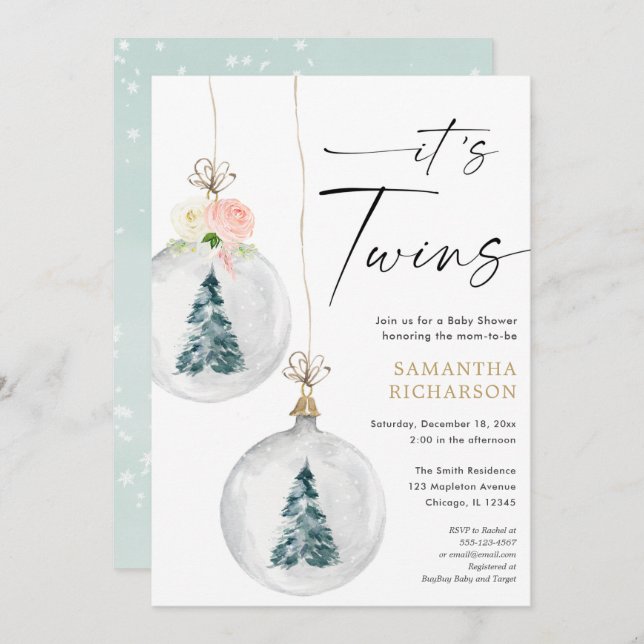 Junge und Mädchen Twins Winter Weihnachtsdusche Einladung (Vorne/Hinten)