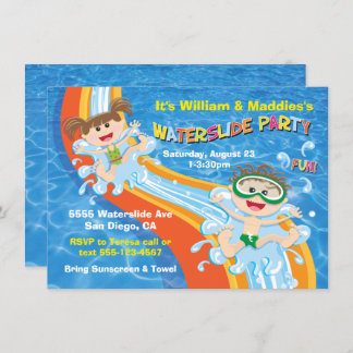 Junge und Mädchen Wasserrutsche Pool Party Geburts Einladung