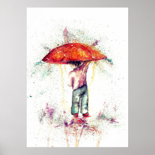 Junge und Regenschirm Aquarell-Dekor Poster