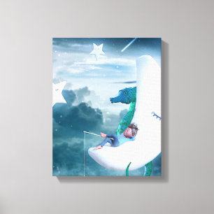 Junge und Seepferde Fischen auf dem Mond Leinwanddruck