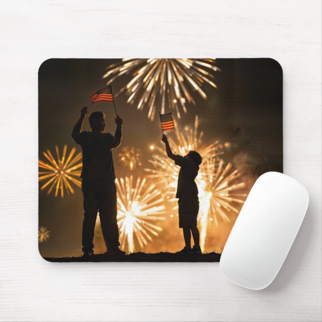 Junge und Vater mit Flaggen und Feuerwerken Mousepad (Mit Mouse)