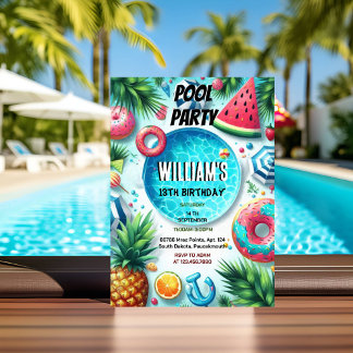 Junge Wasser blau Cool Pool Party 13. Geburtstag Einladung