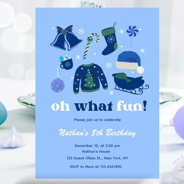 Junge Weihnachtsthema Geburtstag Urlaub Blue Weihn Einladung (Boy Christmas Invitation, Blue Christmas, Boy Christmas Birthday, Any Age Invitation, December Birth)