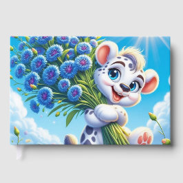 Junge Welpe mit Cornblumen auf einem sonnigen Feld Gästebuch