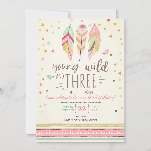 Junge wilde und drei einladen Girl Pink Gold 3. Einladung (Vorderseite)