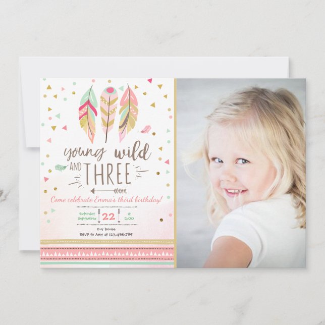 Junge wilde und drei einladen Girl Pink Gold 3. Einladung (Vorderseite)