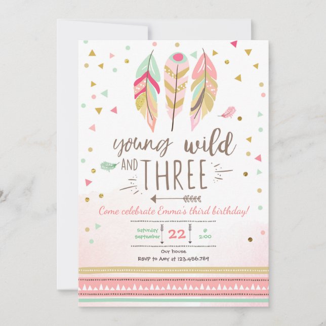 Junge wilde und drei einladen Girl Pink Gold 3. Einladung (Vorderseite)