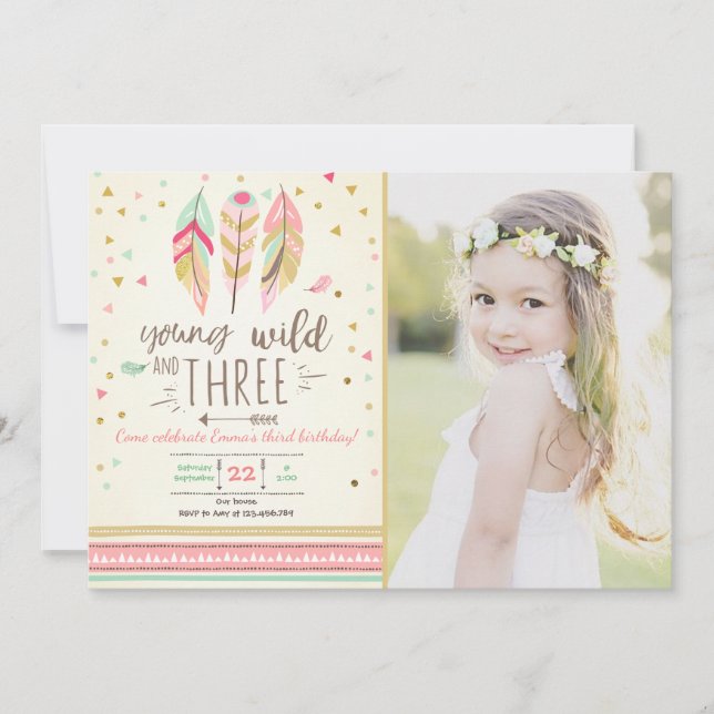 Junge wilde und drei einladen Girl Pink Gold 3. Einladung (Vorderseite)