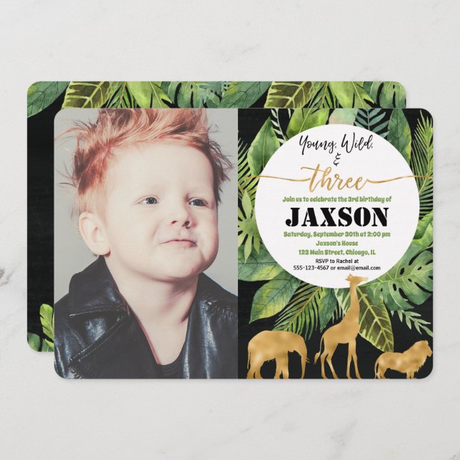 Junge Wildtiere und drei Jungen - Foto Einladung (Vorne/Hinten)