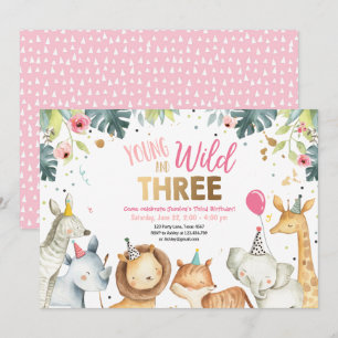 Junge Wildtiere und drei Safari-Girl-Tiere Geburts Einladung