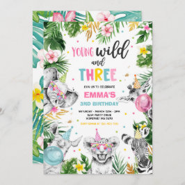 Junge Wildtiere und drei Safari-Jungtiere Party Einladung