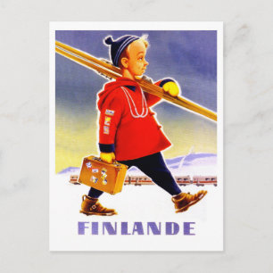 Junge wird für die Winterferien in Finnland Ski fa Postkarte