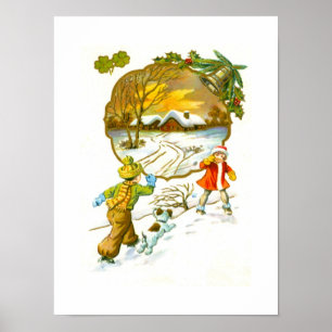 Junge wirft einen Schneeball Poster