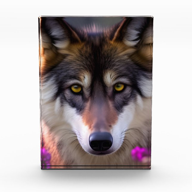 Junge Wolfe in fuchsienrosa Blume Fotoblock (Vorderseite)