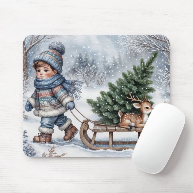 Junge zieht einen altmodischen Schlitten mit Baum Mousepad (Mit Mouse)
