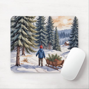 Junge zieht einen Schlitten mit Weihnachts-Tannen- Mousepad