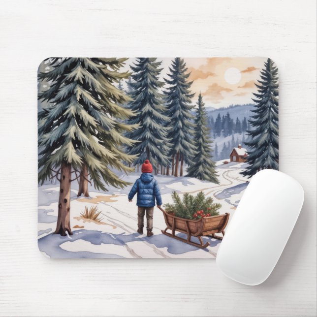 Junge zieht einen Schlitten mit Weihnachts-Tannen- Mousepad (Mit Mouse)