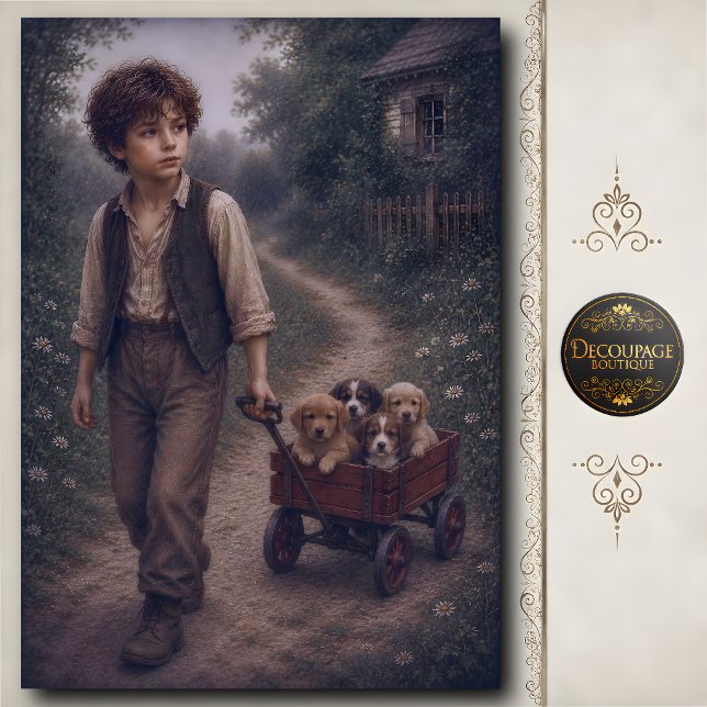 Junge zieht Wagen mit Welpen Seidenpapier (Boy Pulling Wagon with Puppies Tissue Paper)