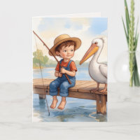 Junge zum Geburtstag auf einem Dock mit Pelikan