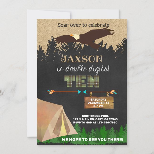 Junge zweistellige 10-tägige Camping Adler einlade Einladung (Vorderseite)