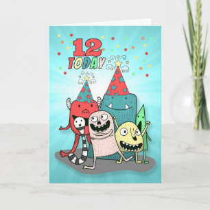 Jungen 12. Geburtstag Rot und Blau Cartoon Monster Feiertagskarte