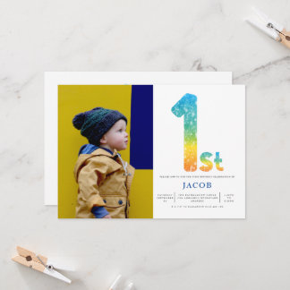 Jungen 1. Geburtstag Orange Yellow Blue Foto Einladung