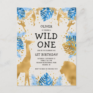 Jungen 1. Geburtstag Party Blue Ecru Safari Einladungspostkarte