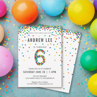 Jungen 6. Geburtstagsparty, primäre Farbkonfetti Einladung